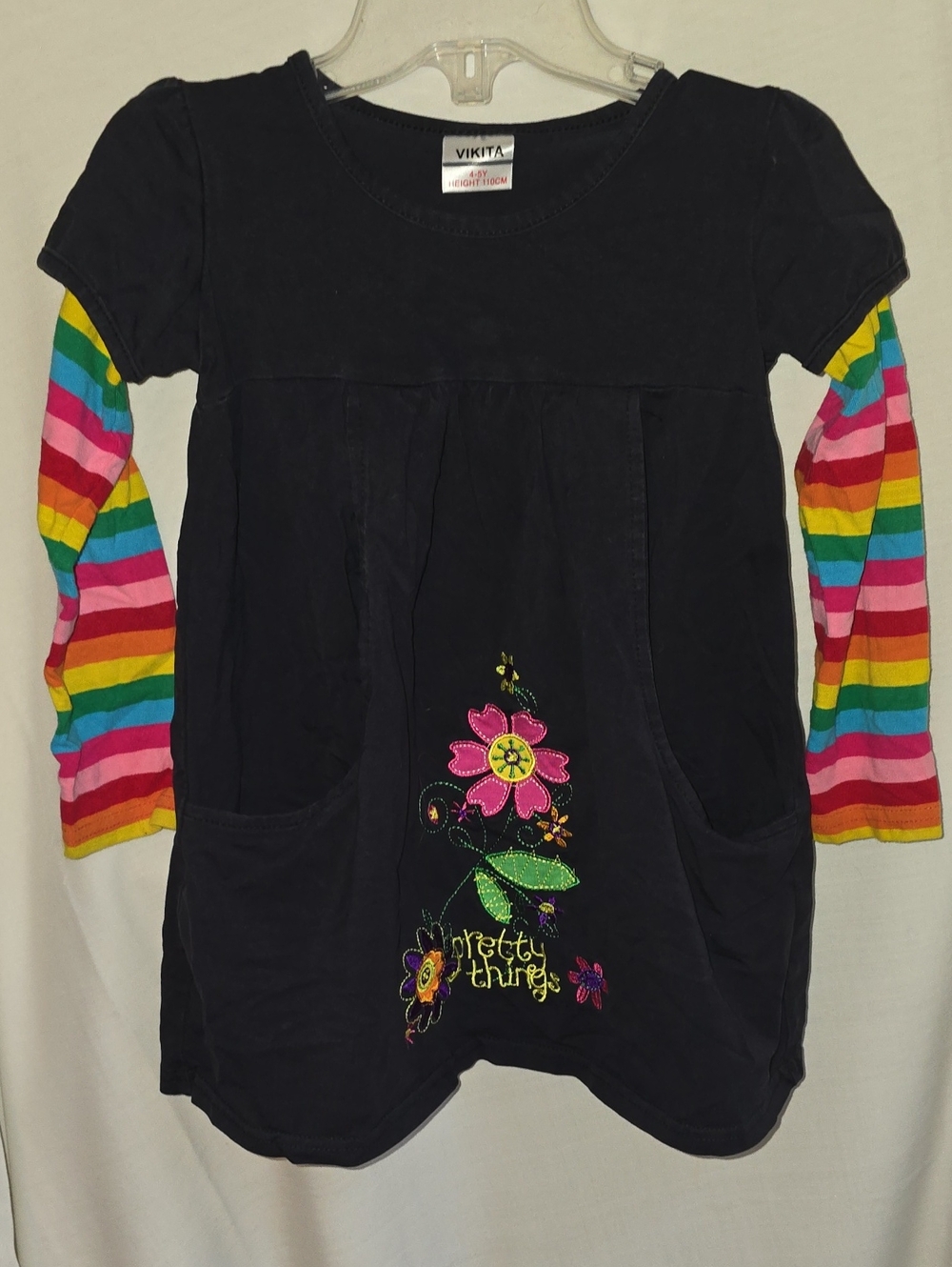 Navy Long-Sleeve Tunic with Rainbow Stripe Sleeves